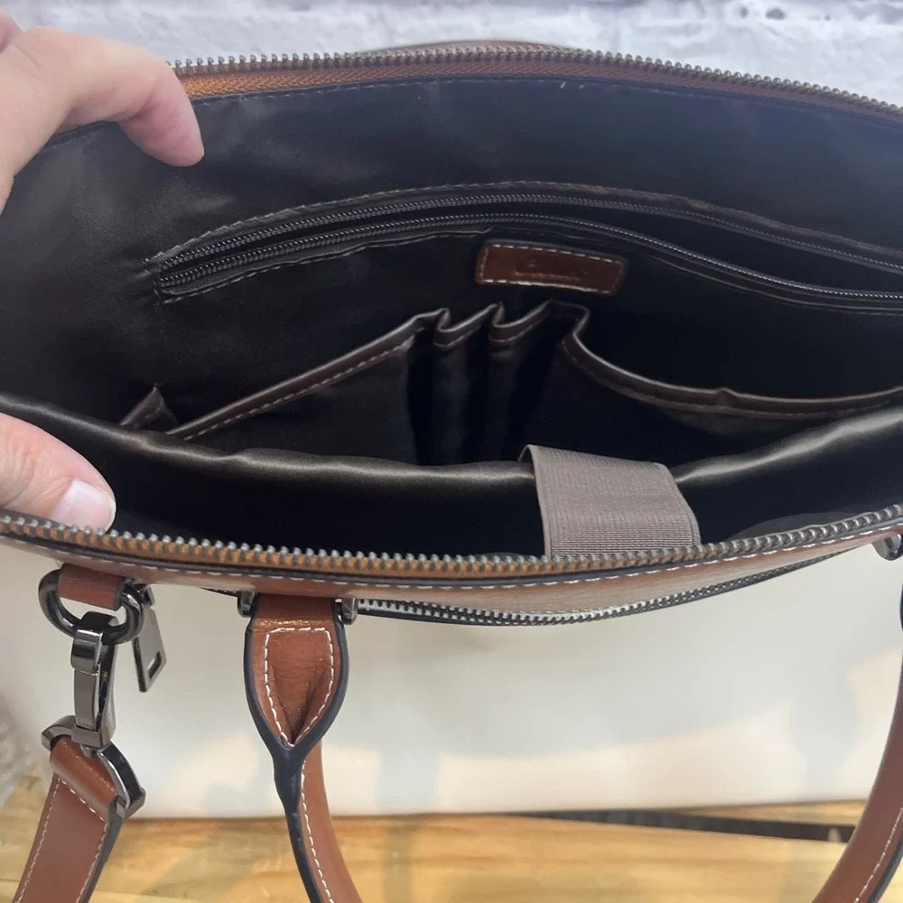 Cluci Leather Color Block Briefcase Laptop Work School Bag Fits 15.6 Laptop